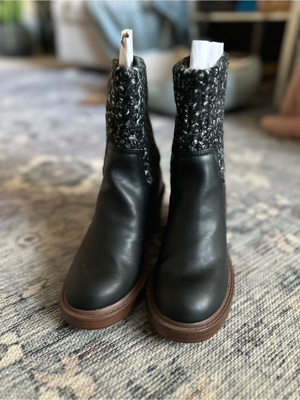 Black Leather Ankle Booties with Knit Cuff